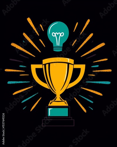 Golden trophy with a glowing lightbulb above represents innovation and achievement.