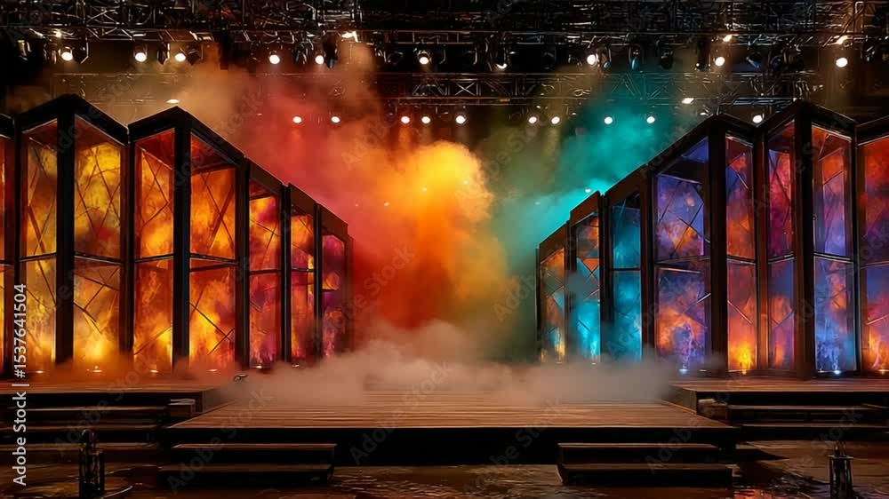 Spectacular stage design with vibrant colors, lighting effects and fog at concert hall