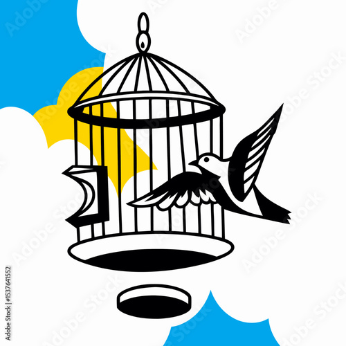 Bird Escaping Open Cage, Freedom Concept Illustration