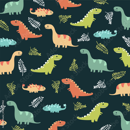 cute seamless pattern illustration of dinosaur green nature for kids apparel design