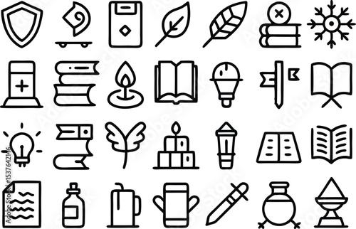 Arcane scroll outline icon set isolated on transparent background