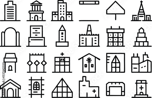Collection of architecture and construction line icons isolated on transparent background