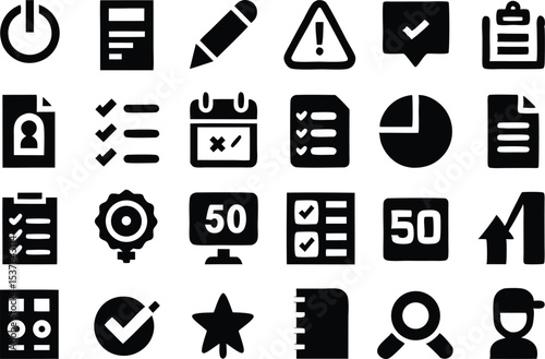 Assessment icon set solid filled icons for evaluation and testing isolated on transparent background