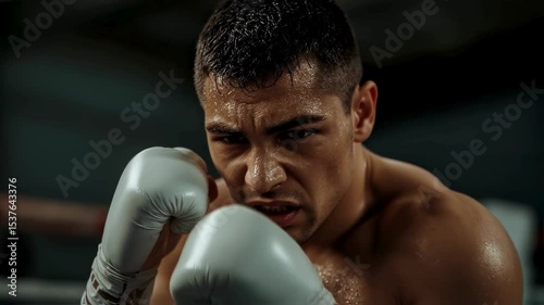 Focused Boxer in Boxing Gloves, Intense Close-up Portrait