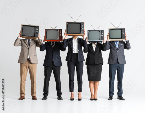 Group of people suits with vintage television sets for heads, creating surreal and artistic representation of modern society relationship with media. scene evokes sense of detachment