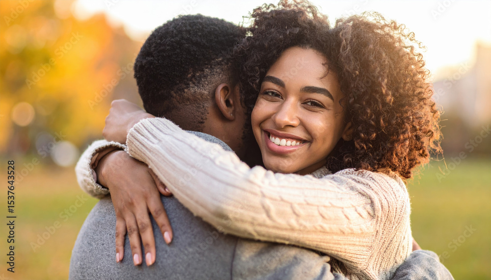 Joyful curly haired girl embraces her partner in warm hug, radiating love and happiness in beautiful outdoor setting. scene captures moment of affection and connection Joyful curly haired girl embraces her partner in warm hug, radiating love and happiness in beautiful outdoor setting. scene captures moment of affection and connection