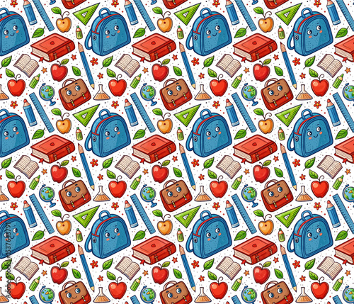 Seamless pattern illustration with smiling backpacks books pencils apples and school supplies.
