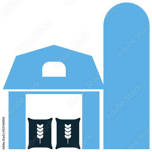 Crop storage icon vector depicting silos, barns, and warehouses for harvested goods. Ideal for illustrating food preservation, grain management, and supply chain logistics.