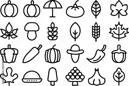 Autumn harvest outline icon collection seasonal fall theme isolated on transparent background