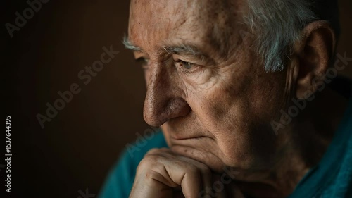 Close up of a senior man resting his chin on his hand, lost in deep thought, conveying a sense of contemplation and wisdom against a dark background