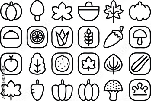 Autumn harvest outline icon collection seasonal fall theme isolated on transparent background