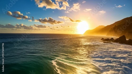 Magnificent ocean landscape at golden hour, featuring crashing waves, sandy beach, and lush, rocky coastline with bright sun reflecting over the water