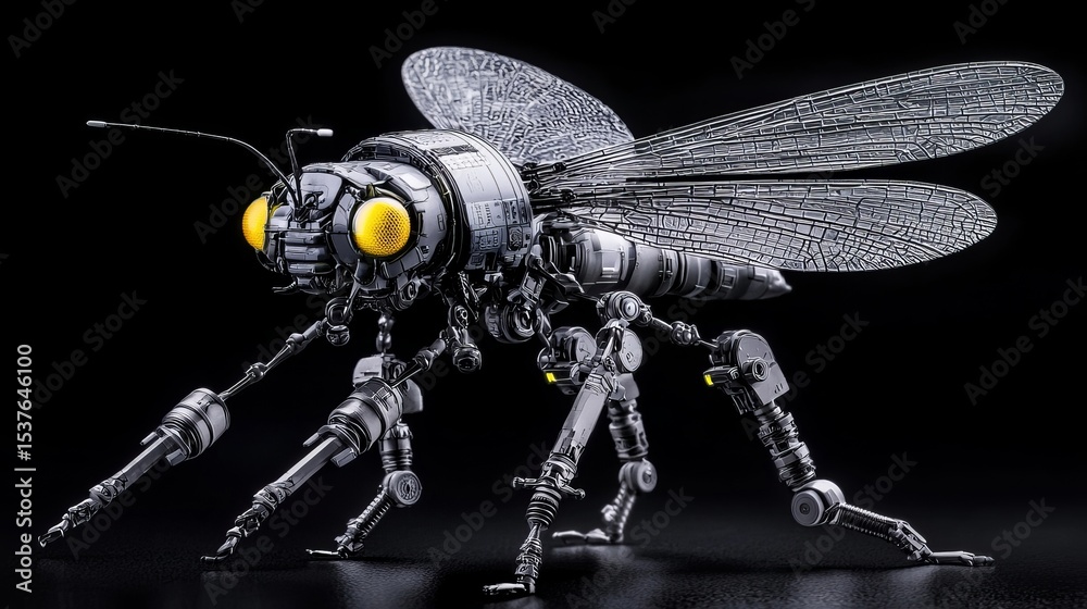 Fototapeta premium Metallic robotic insect stands on a reflective surface against a dark background.