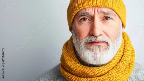 Senior man wearing a yellow beanie and scarf looks towards the camera on a white background.