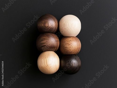 Six wooden spheres of different wood types stacked on a dark background.