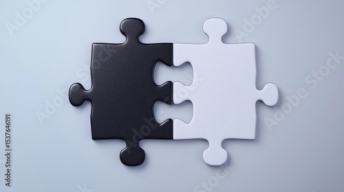 Two black and white puzzle pieces connect together on a grey background