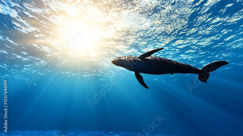 A whale swims in the sunlit deep blue ocean water