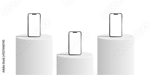 Three Cylinder white podium stage pedestal and platform with blank smartphone display mockup. Ideal for mobile product showcase, app design preview, or digital device marketing presentation.	