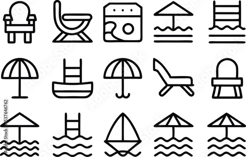 Outline icon set of beachfront villas isolated on transparent background