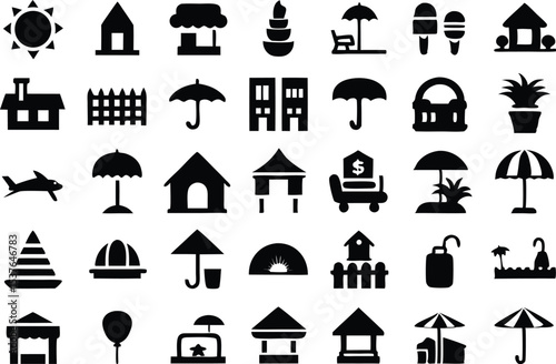 Outline icon set of beachfront villas and related amenities isolated on transparent background