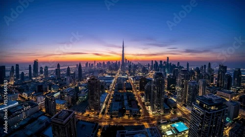 Stunning Sunrise Panorama of Dubai Skyline with Burj Khalifa