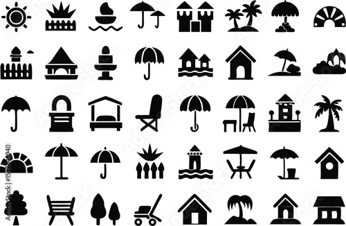 Outline icon set of beachfront villas isolated on transparent background