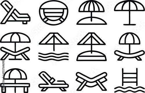Outline icon set of beachfront villas isolated on transparent background