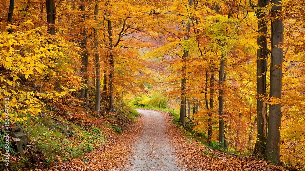 Obraz premium Autumnal path winding through a vibrant forest.