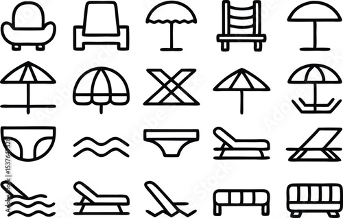 Outline icon set of beachfront villas isolated on transparent background