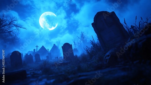 Eerie Night at the Cemetery Spooky Graveyard under a Crescent Moon, Mysterious and Haunting Atmosphere