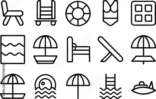 Collection of outline icons depicting beachfront villas isolated on transparent background