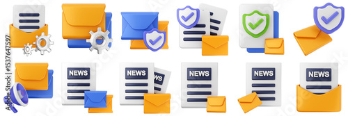3d mail email message settings newsletter document file envelope media chat delivery icon set bundle illustration