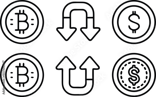 Bitcoin to dollar exchange rate icons collection isolated on transparent background