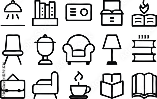 Outline icon set of living room book nook items isolated on transparent background