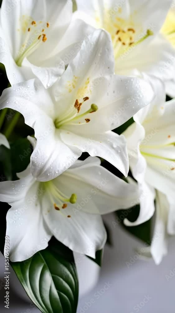 Close-up view of pristine white lily blossoms with water droplets highlighting the petal texture and stamen details in soft lighting Close-up view of pristine white lily blossoms with water droplets highlighting the petal texture and stamen details in soft lighting
