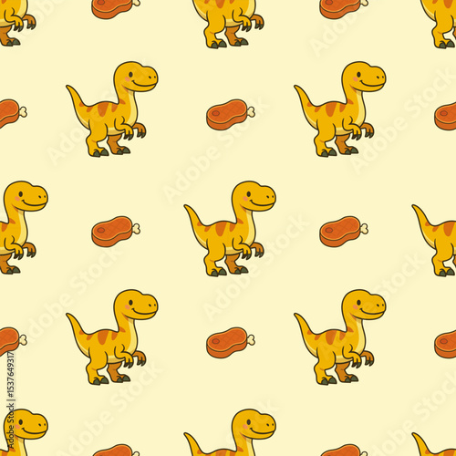 Seamless pattern featuring cute cartoon velociraptors and meat on a light yellow background. Perfect for kids’ designs and playful prints.
