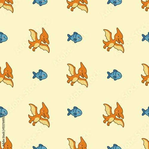 Cute seamless pattern with cartoon pteranodons and fish on a soft cream background. Perfect for kids’ designs and fabric.