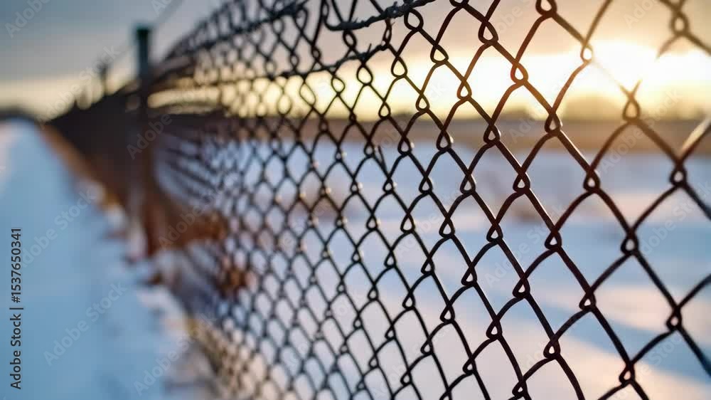 Steel chain link fence with snowy ground background and golden light at dusk, representing border security, and boundaries.