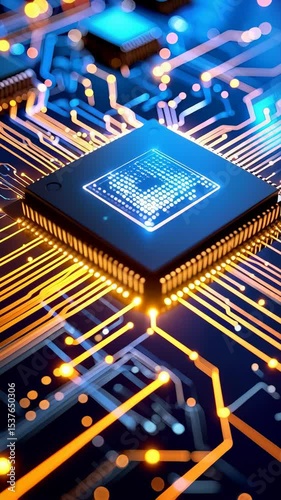 Modern computer chip with circuit board connections displaying futuristic data technology for high performance computing systems