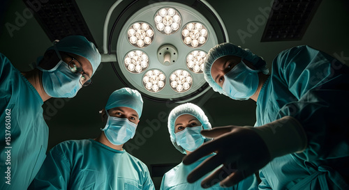 Surgeons Performing Operation Under Bright Surgical Lights.
