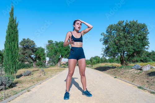 Mujer joven deportista se acuerda de algo que se le había olvidado. en un parque un día soleado con cielo azul.