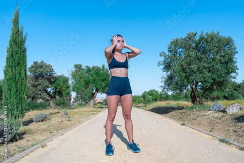 Mujer joven deportista con las dos manos en la cabeza, se acuerda de algo que se le había olvidado. en un parque un día soleado con cielo azul.