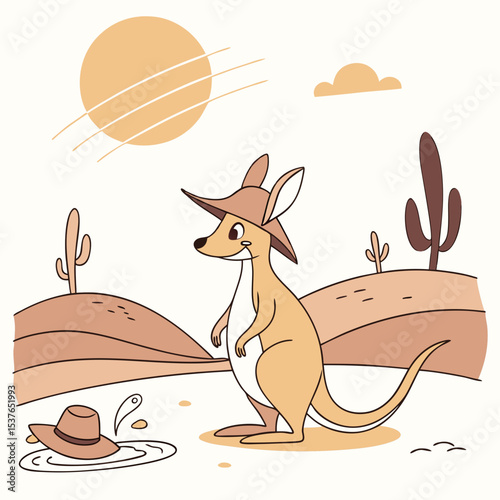 Funny Wallaby with splashing in puddles, set in a charming Desert sunset theme – Sundown Glow color vector art
