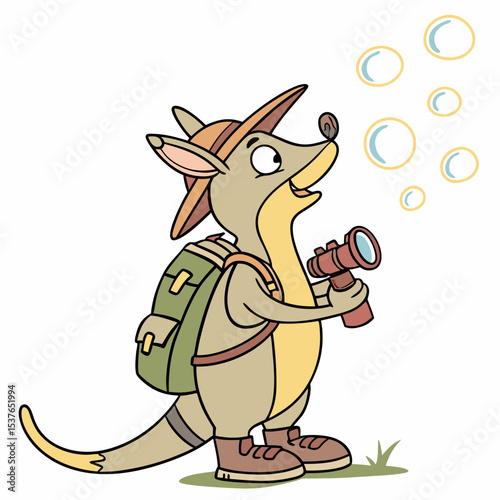 An adorable Wallaby with a Amused vibe, blowing bubbles, and a Evergreen Trails Forest adventure theme – SVG style