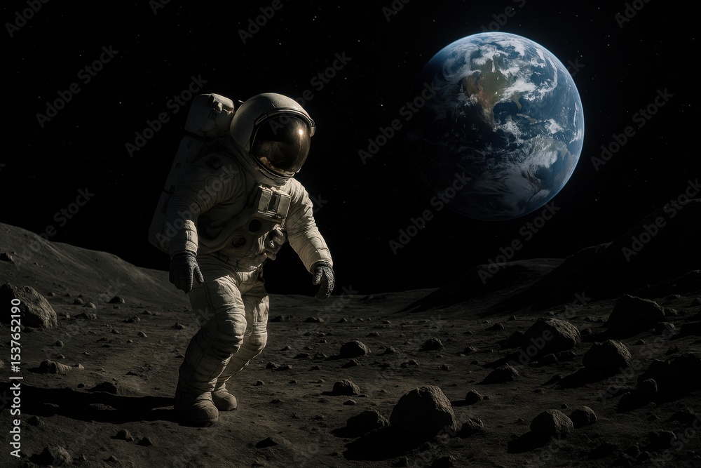 Fototapeta premium Lunar Surface Exploration with Astronaut and Earth View in Deep Space