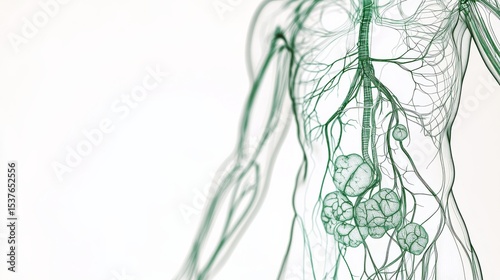 A detailed lymphatic system illustration with labeled components. Featuring major vessels and lymph nodes