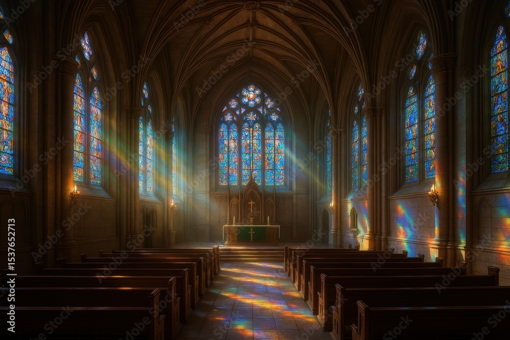 Fototapeta premium Sacred cathedral interior featuring stunning stained glass illumination and divine architectural spirituality for religious photography
