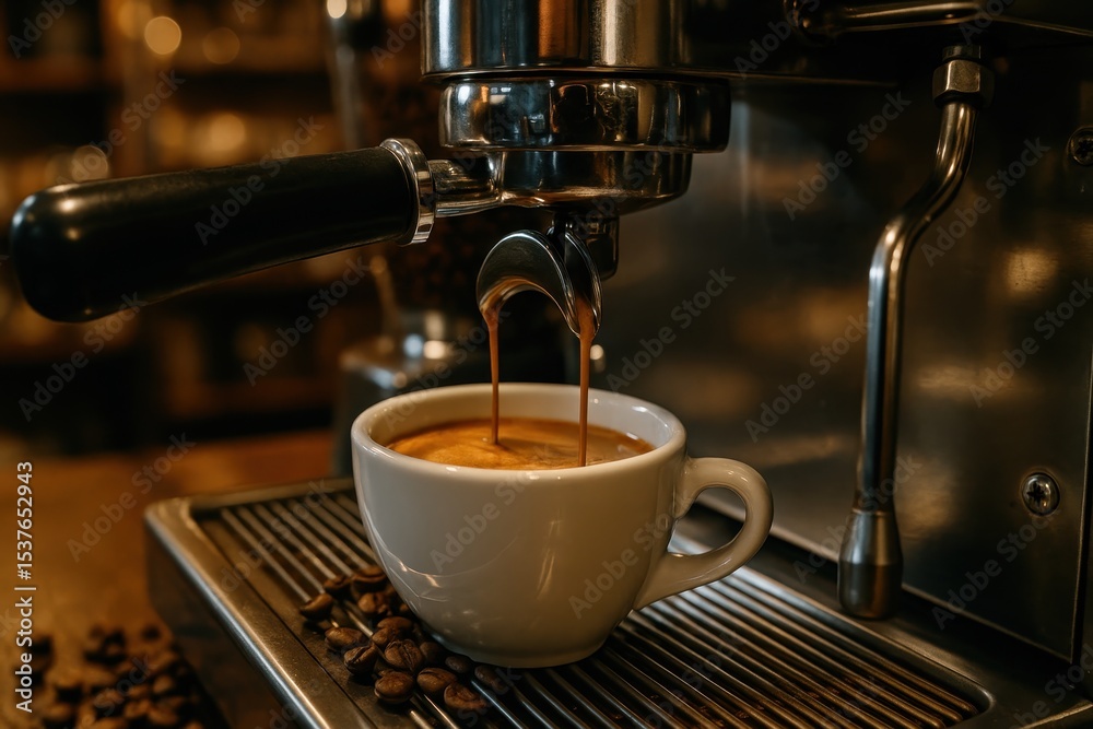 Professional Espresso Machine Creating Perfect Coffee with Rich Crema in Artisan Café Setting Professional Espresso Machine Creating Perfect Coffee with Rich Crema in Artisan Café Setting