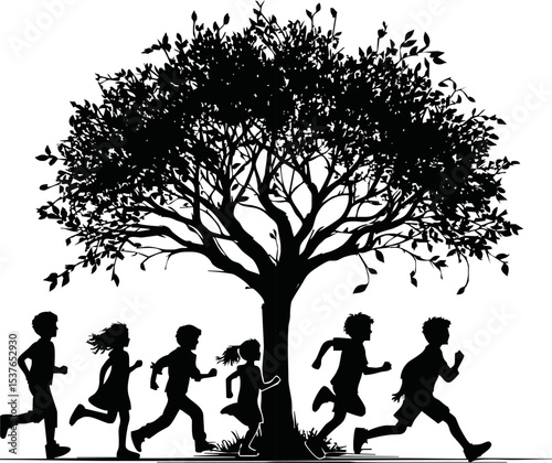 black Silhouette of kids playing and running with autumn trees vector in white background