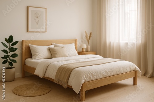 Scandinavian Style Bedroom with Wooden Bed Frame and Neutral Bedding